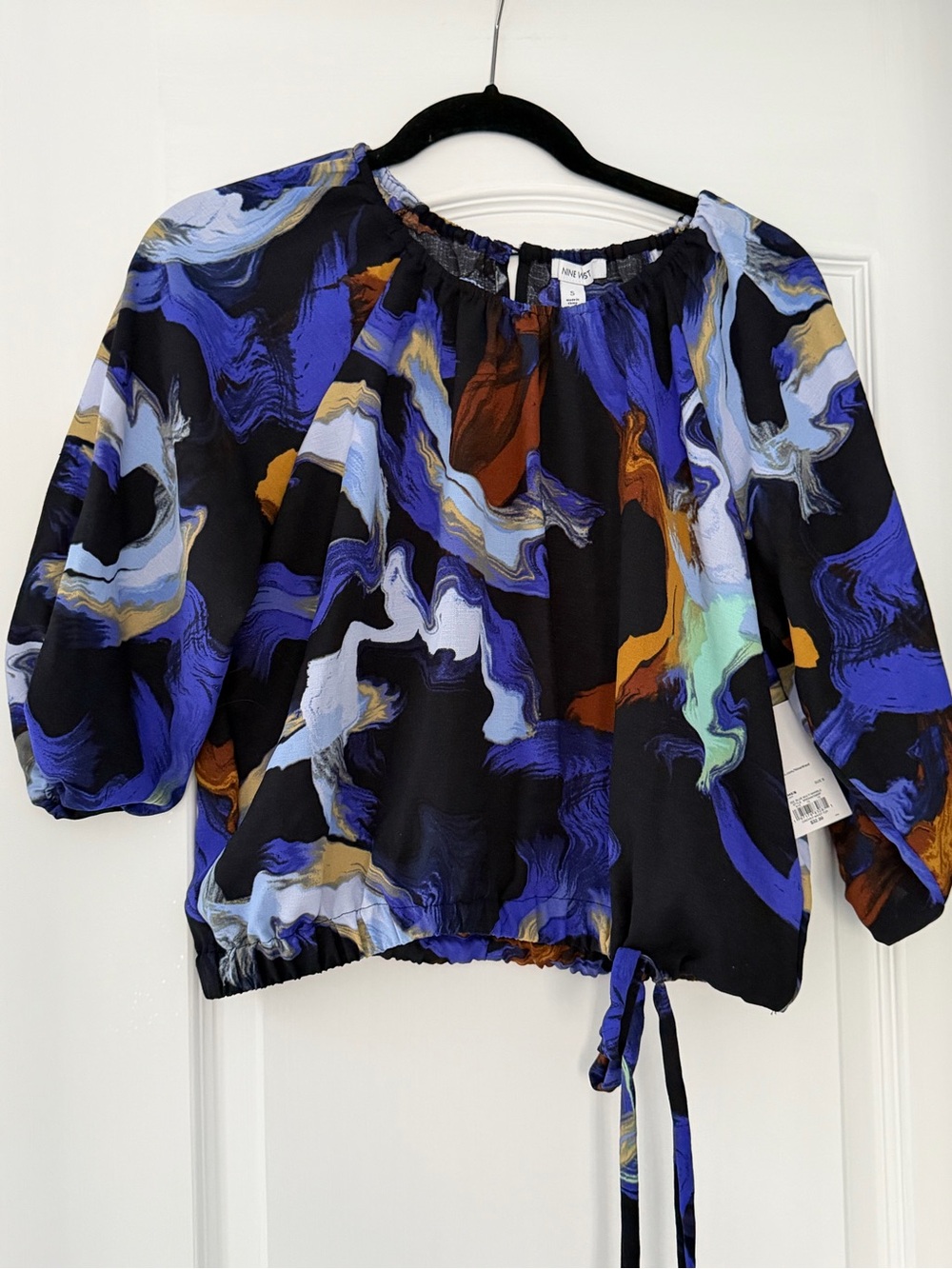 Nine West Abstract Marble Print Cinched Waist Blouse Top Size Small NWT Side Tie - Picture 2 of 7